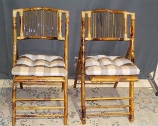 Set of 2 Rustic Bamboo Folding Chairs with Tie On Cushions
