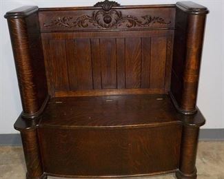 Stunning Vintage Wooden Hall Tree with Storage Seat Nice Beveled Mirror at Top