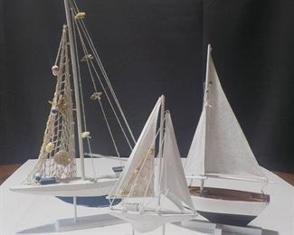 Trio of Model Sailboats Painted in Distressed Style
