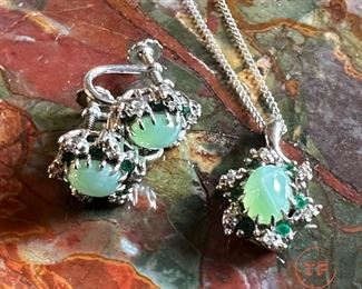 14K White GOLD with Green STAR Sapphires with Diamond and Emerald Accents