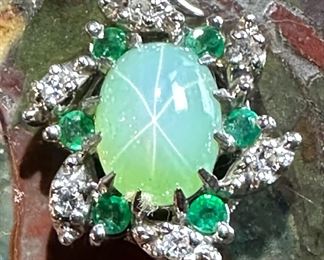 14K White GOLD with Green STAR Sapphires with Diamond and Emerald Accents