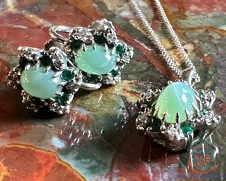 14K White GOLD with Green STAR Sapphires with Diamond and Emerald Accents