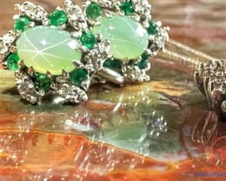 14K White GOLD with Green STAR Sapphires with Diamond and Emerald Accents