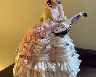 Vintage Dresden Porcelain Lace Figurine Woman With Lute