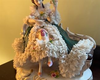 Vintage Dresden Porcelain Lace Figurine Woman Sitting on Bench