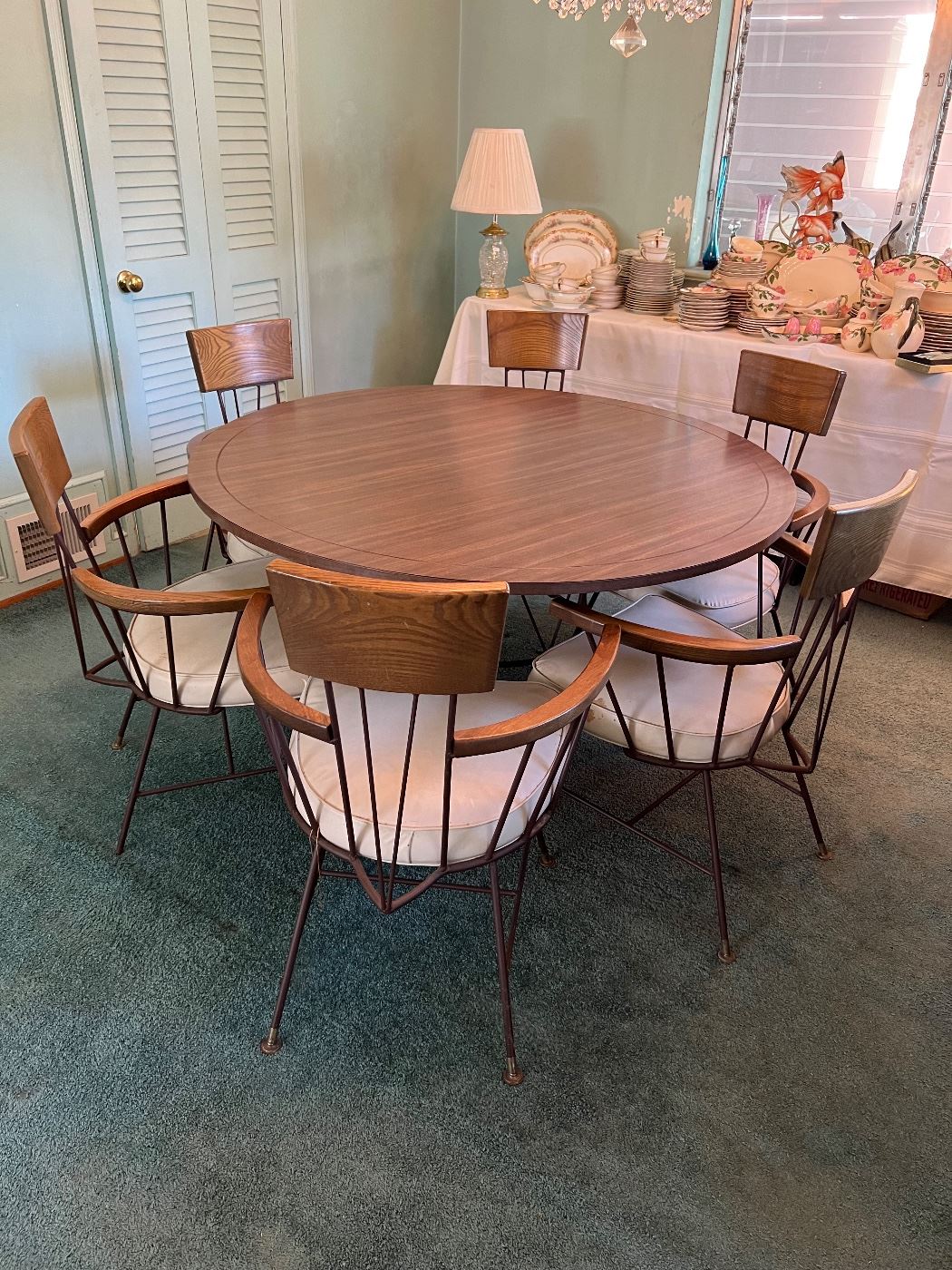 MCM Wrought Iron Frame Set of Six Armchairs & Dining Table Designed by Richard McCarthy for Paul McCobb (47-1/2"D x 27"H)