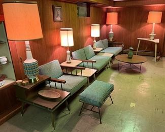 Mid-Century Modern Richard McCarthy for Selrite Wrought Iron & Elm Lounge Armchair w/ Ottoman & Sectional Loveseats LAF & RAF