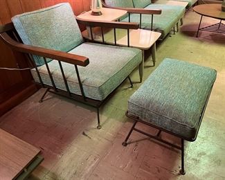 Mid-Century Modern Richard McCarthy for Selrite Wrought Iron & Elm Lounge Armchair w/ Ottoman