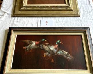 $1,500 - $2,000.	George Dick.  Two oil paintings on board.  Mallards in flight ("Easy Double") measures 22" by 12".  Horse and rider ("On the Mesa") is 15" by 12".