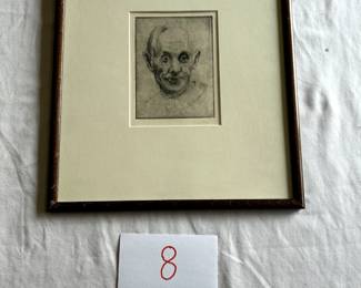 $400 - $500. Unknown drypoint.  Perhaps a representation of Pablo Picasso.  Measures approximately 5" by 6.5"