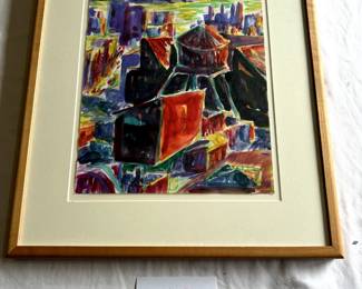 $500 - $750.	Unknown artist.  Colorful watercolor of skyline and water tower.  Measures approximately 12.5" by 15.5".