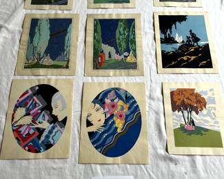 $150 - $200.	Nine colored French prints.  Each sheet measures approximately 8" by 10".