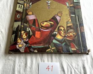 $400 - $500.	Russian oil painting on canvas.  Signed in Cyrillic on back.  Measures 20" by 24".