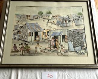 $2,000 - $2,500.	Large watercolor of South African township by Davaid Phaswane Mogano (2).  Measures 29" by 26".