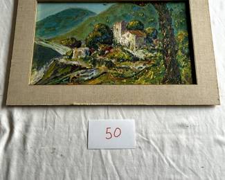 $350 - $500.	Oil on board, signed "Simoncelli"? and date 1952.  Measures 19" by 10.5".