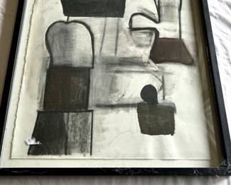 $500 - $750.	Modern abstract oil pastel, charcoal, and ink on paper, illegibly signed on back.  Measures 26" by 34".