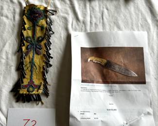 Inquire.  Native American knife with bone handle and beaded sheath.  Knife measures 16" long.
