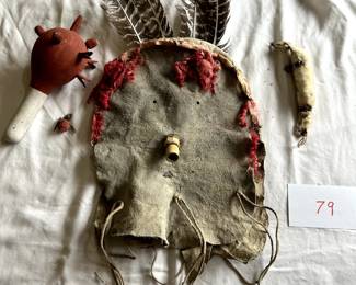 Inquire.	Native American feathered mud mask, rattle, and talisman (note one piece of rattle has fallen off)