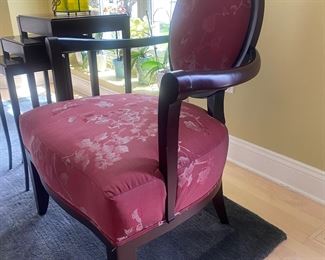 Baker Lacquered Arm Chair with sought after Donghia Fabric.  Designer is Barbara Berry. This chair can be found with simple fabric for well over $1000. This is a great buy at $650