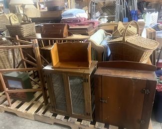 Antique wood/wire pie safe $225.00 , antique cabinet, baskets, drying rack, book shelf, lamp. various prices $5-$40