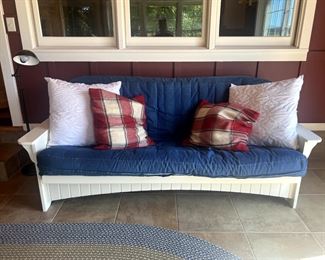 Denim futon on white wood frame (no pillows included) $150