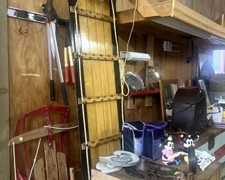 Vintage toboggan, sled, butcher block