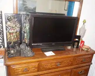 dresser with mirror, TV, decor