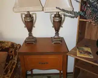 sewing machine in cabinet, lamps