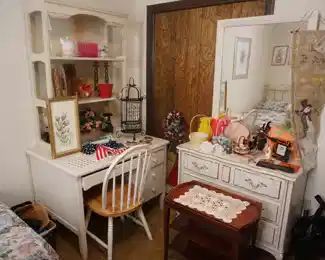 white bedroom desk with hutch, chair, dresser