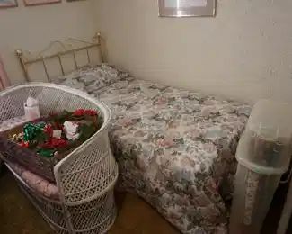 twin bed, wicker love seat