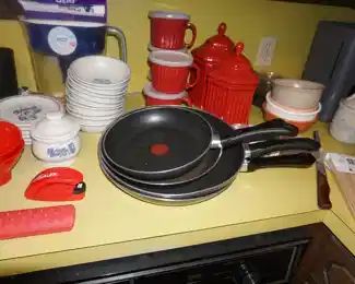 Tfall skillets, soup bowls, water pitcher, Yorktown blue dishes