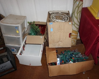 Christmas decor, rug, plastic storage, musical doll bed