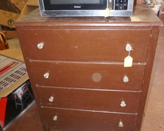 microwave, chest of drawers