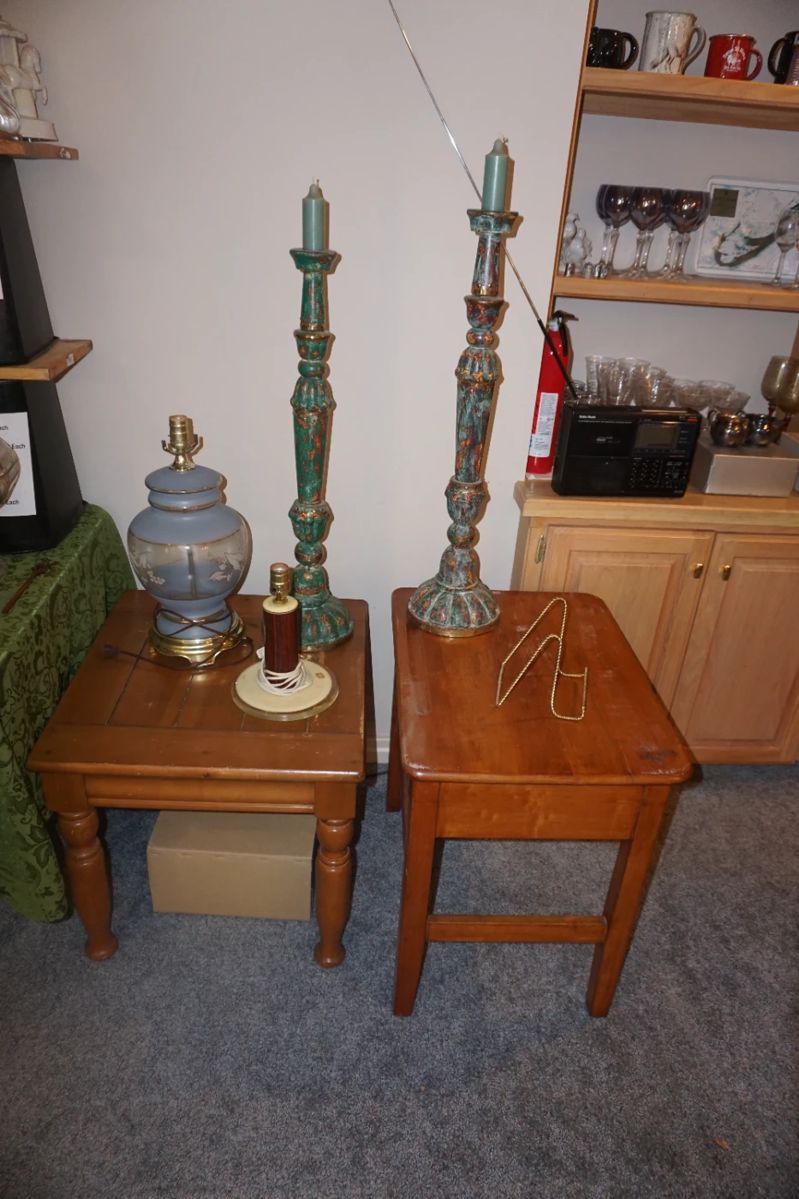 end tables, lamp, candlesticks