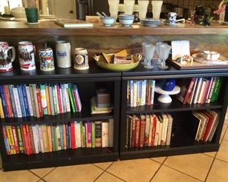Budweiser steins, cookbooks, the blue little helmets are ice cream bowls