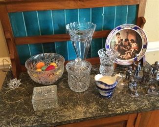 Crystal pieces - polished stone eggs - flow blue creamer - Pewter figurines