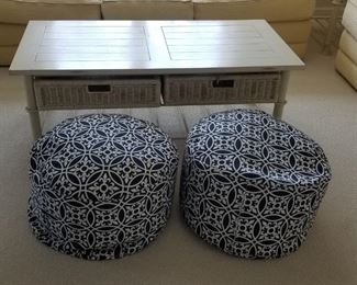 Pretty poufs! Coffee table matches two end tables 