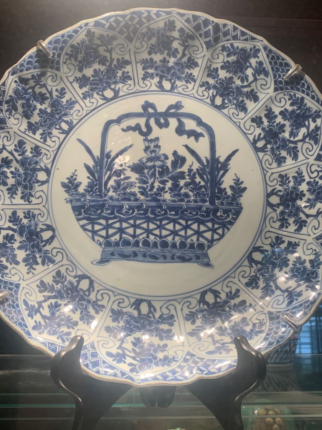 K'ang Hsi (1662-1722) blue and white charger with basket, 13"d, Henry Moog Atlanta, $2,000