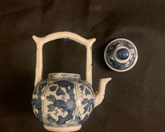 Kangxi (1662-1722) blue white teapot with bamboo handle, 4"h,  Henry Moog Atlanta, $750