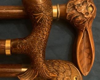 3 Vintage hand carved walking sticks: rabbit, carp, parrot $50 each 