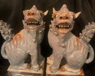 Pair glazed foo dogs, 10"h, $250