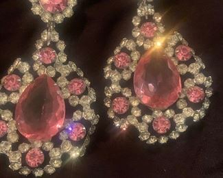 Rare and remarkable pair of vintage Kenneth J Lane pink and rhinestone chandelier clip on earrings, 3", $300