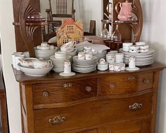 Beautiful buffet.  Gorgeous set of Fukagawa Arita china that include candle sticks, napkin rings, personal ashtrays and tumblers.  Pink depression glass. 