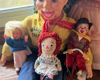 Horsman Willie talks ventriloquist doll.  Knickerbocker Raggedy Ann.  West German Woolworths doll. 