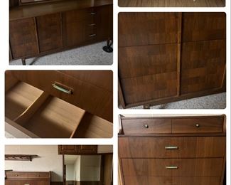 Pristine MCM Kroehler Bedroom Set include queen bed with head board and rails, mattress, boxspring, chest of drawers and dresser with mirror.  Unique turquoise handles.  Excellent condition.  Available for presale, but be paid in full to hold. 