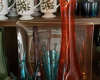 Persimmon 26" Viking vase, Amethyst Viking vase with stickers, other collectible glass