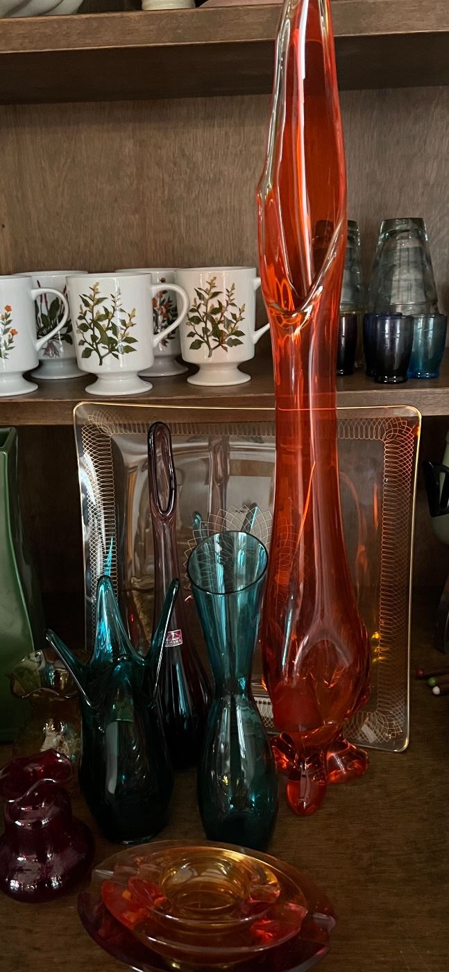 Persimmon 26" Viking vase, Amethyst Viking vase with stickers, other collectible glass