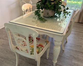 Fabulous white wood and wicker dining set with heavy glass topped table