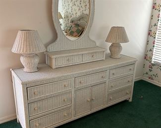 Large Wicker Dresser with 7 drawers and center cabinet    Vanity Mirror