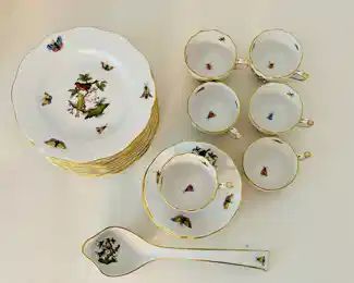 Herend "Rothschild Bird" demitasse cups & saucers, dessert plates and ladle